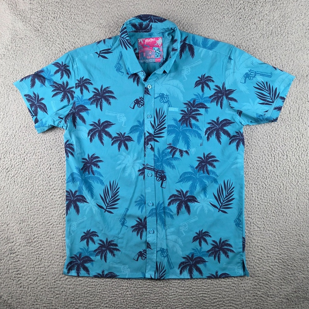 Retro Rifle Hawaiian Button Shirt Mens XL GTA Vice City Palm Tree AOP Stretch